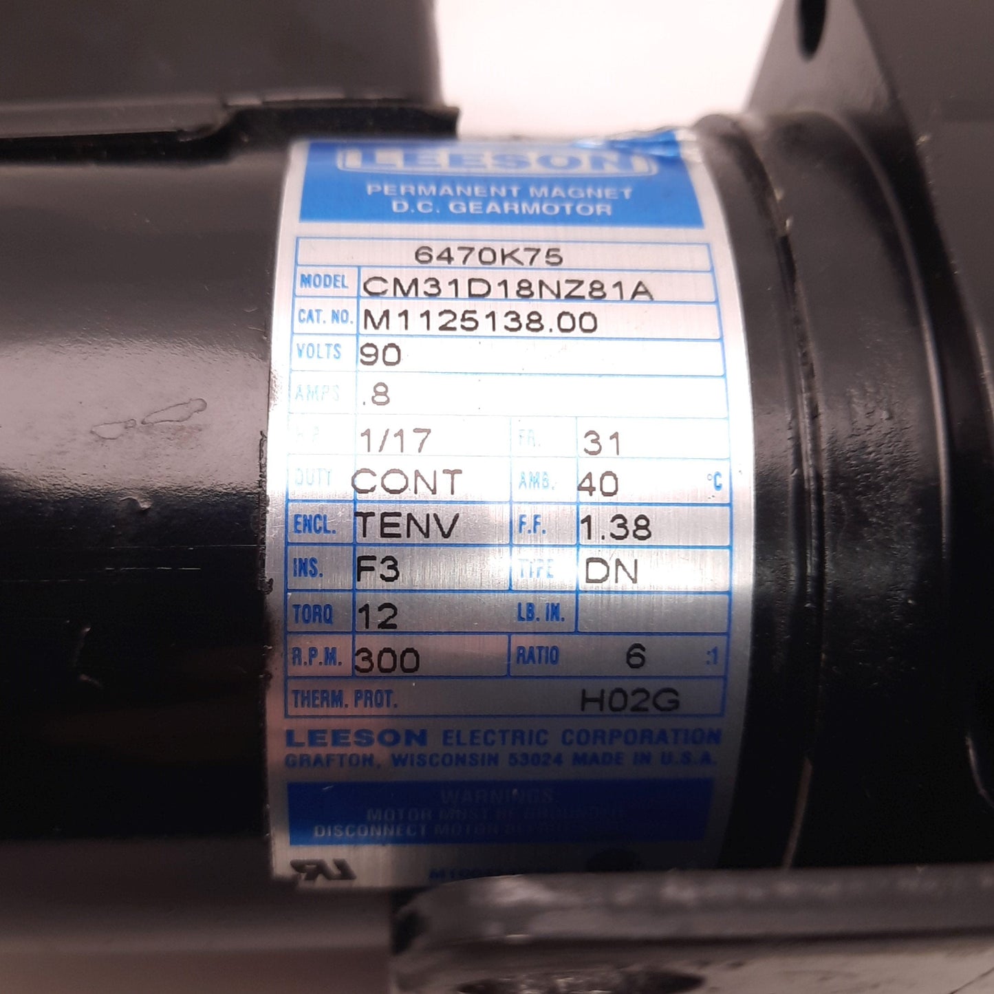 Used Leeson CM31D18NZ81A Industrial Gear Motor 90v DC, 0.8 Amps, 1/17 HP, M1125138.00