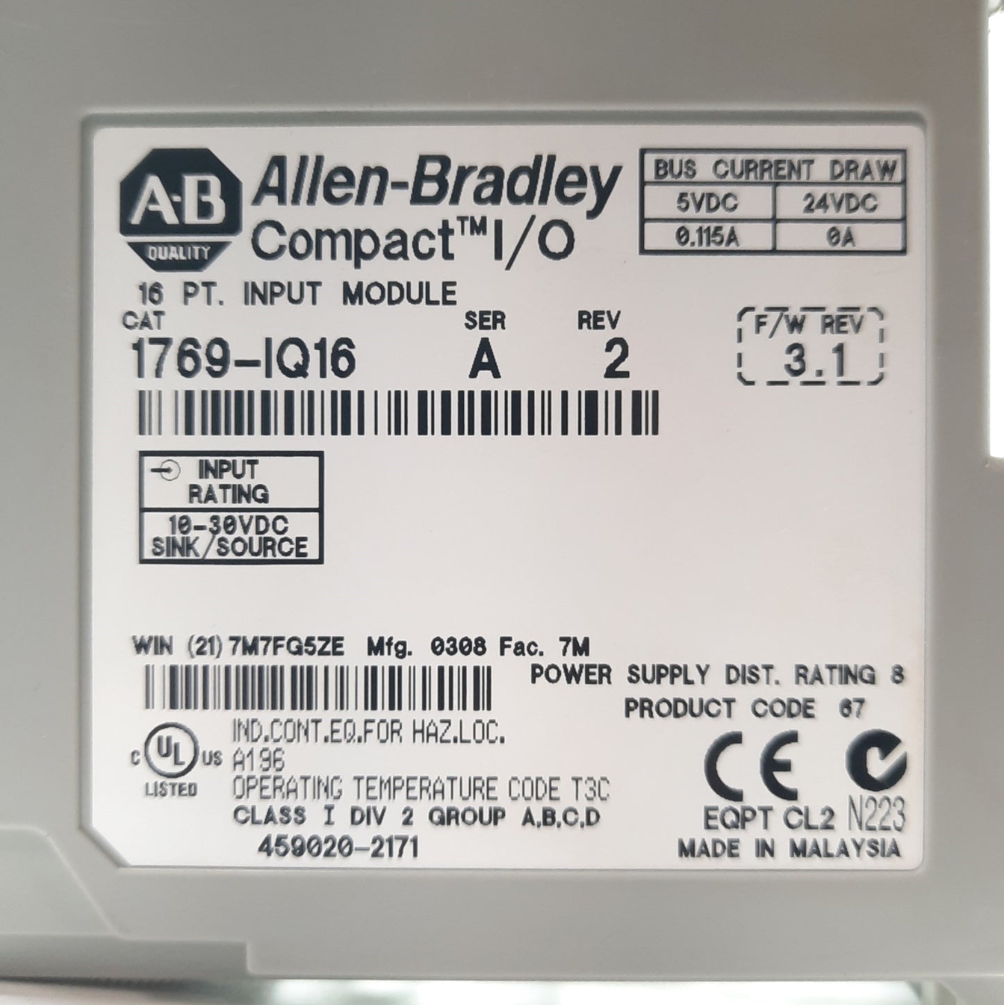 Used Allen Bradley 1769-IQ16 Ser A Compact I/O Digital Input Module Card 16-Point 24V