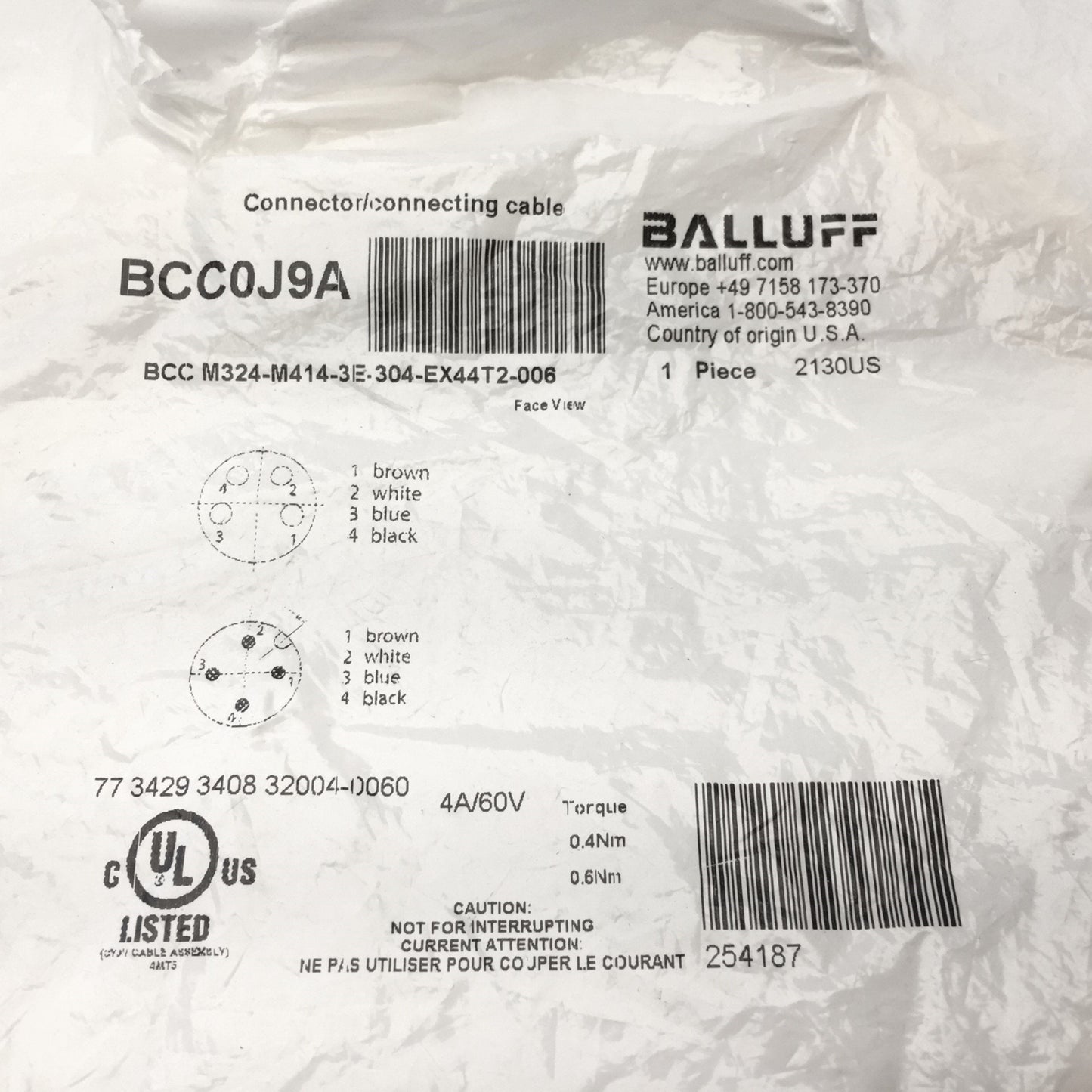 New Balluff BCC0J9A Double-Ended Cordset M8 Female M12 Male, 4-Pin, 60VAC/DC 4A 0.6m