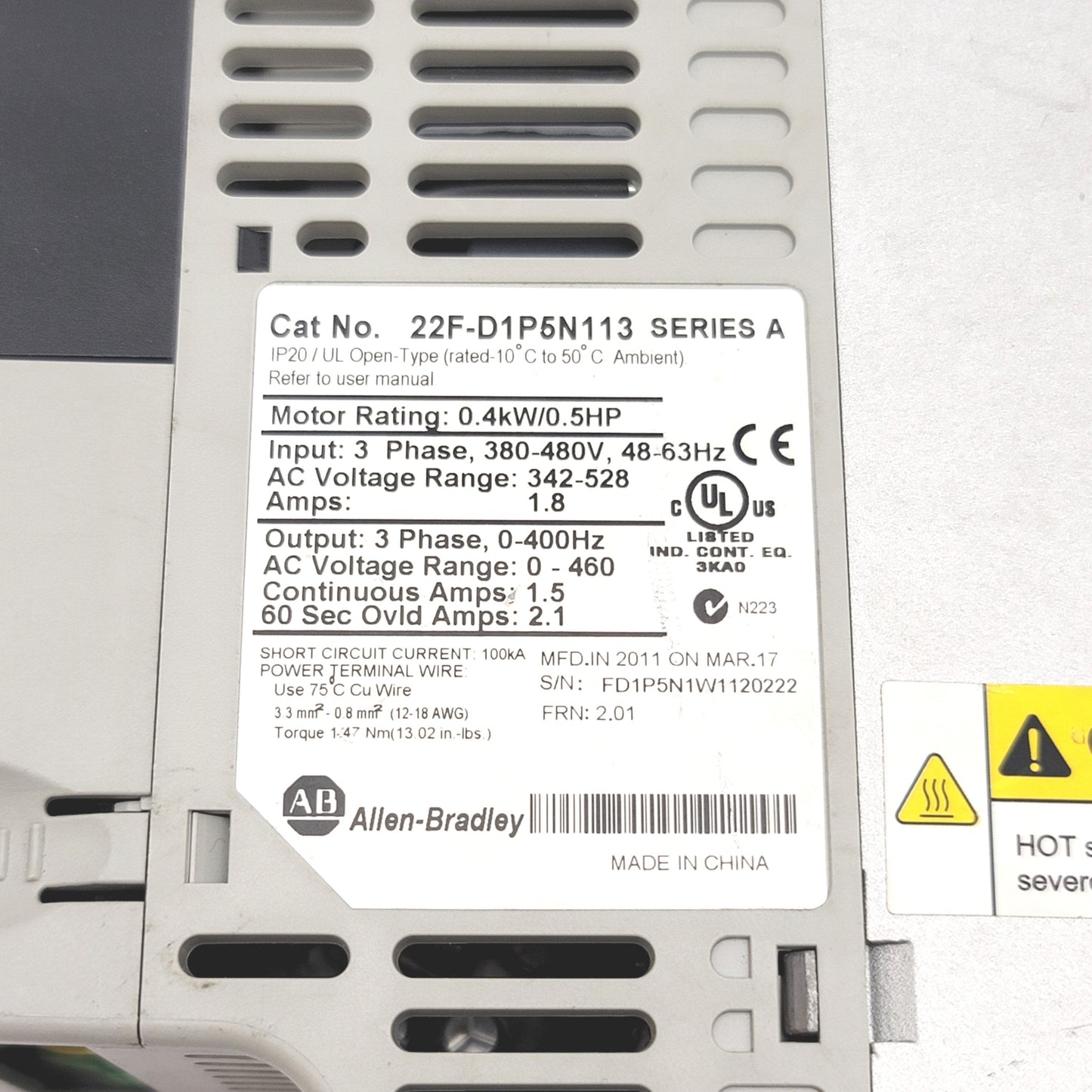 Used Allen Bradley 22F-D1P5N113 Power Flex 4M AC Drive 380-460VAC 0.4kW/0.5HP 0-400Hz