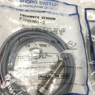 New Lot of 2 Honeywell FYAA3A1-2 Micro Switch Proximity Sensor 3mm, 8.5-20VDC NPN-NO