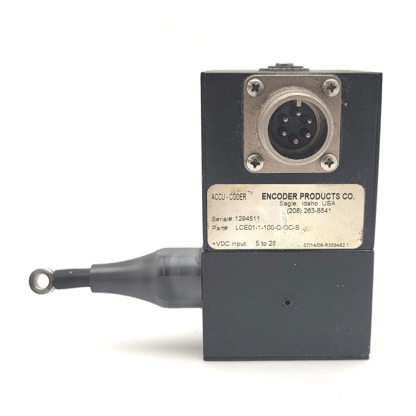 Used Accu-Coder LCE01-1-100-Q-OC-S Linear Cable Encoder, 100 CPI, 5-28VDC, 6-Pin MS