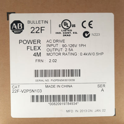 New Other Allen Bradley 22F-V2P5N103 AC Drive Out: .5HP 3PH 230VAC 2.5A In: 1PH 120VAC 9A