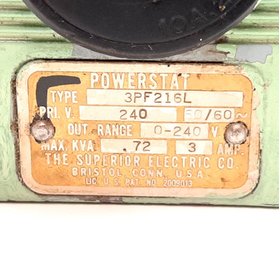 Used Superior Electric 3PF216L Powerstat Variable Transformer, Pri: 240V, Sec: 0-240V