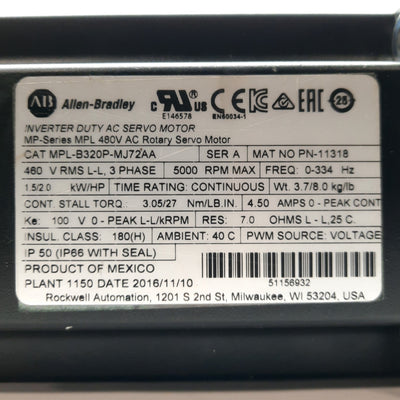 Used Allen Bradley MPL-B320P-MJ72AA Servo Motor, 1.5kW, 5000RPM, 3PH 460VAC 4.5A