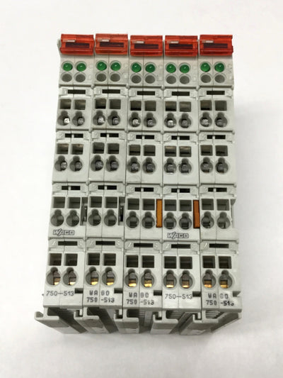 Used Lot of 5 Wago 750-513 Relay Output Modules, 2-Channel, 250VAC, 2A, DIN Mount