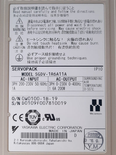 Used YASKAWA SGDV-1R6A11A SERVOPACK Servo Drive, 3PH 230VAC 400Hz 1.6A 200W