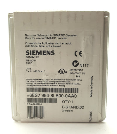 Used Siemens 6ES7 954-8LB00-0AA0 SIMATIC SD Memory Card, 2MB Capacity