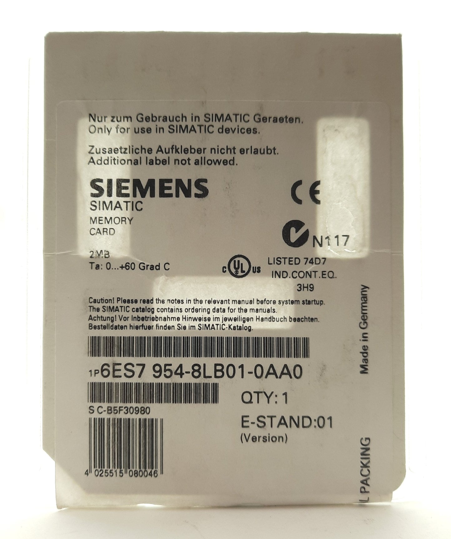 Used Siemens 6ES7 954-8LB01-0AA0 SIMATIC SD Memory Card, 2MB Capacity