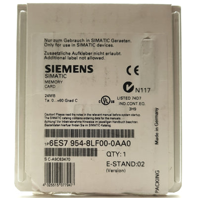 Used Siemens 6ES7 954-8LF00-0AA0 SIMATIC SD Memory Card, 24MB Capacity