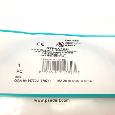 New Panduit STP6X7BU CAT 6A Patch Cord, RJ45 Connections, Length: 7ft, Color: Blue