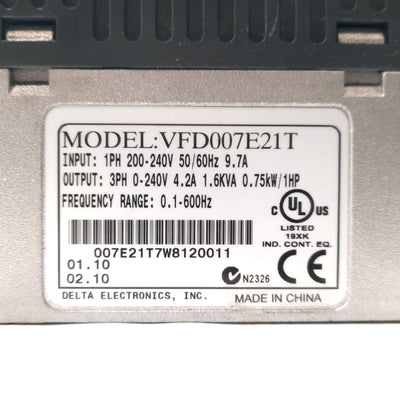 Used Delta Electronics VFD007E21T AC Drive Out: 1HP 3? 240VAC 4.2A In: 1? 240VAC 9.7A