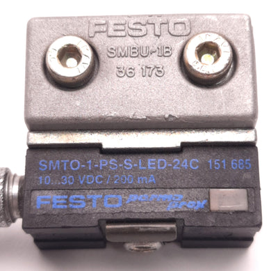 Used Festo SMTO-1-PS-S-LED-24C Proximity Sensor w/ SMBU-1B Mount, 10-30vDC 200 mA PNP