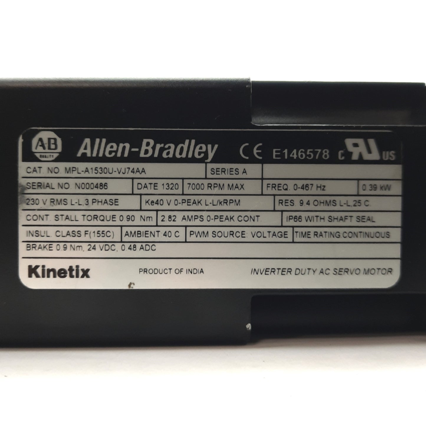 Used Allen Bradley MPL-A1530U-VJ74AA Kinetix AC Servo Motor, 7000RPM 0.39kW 3PH 230V