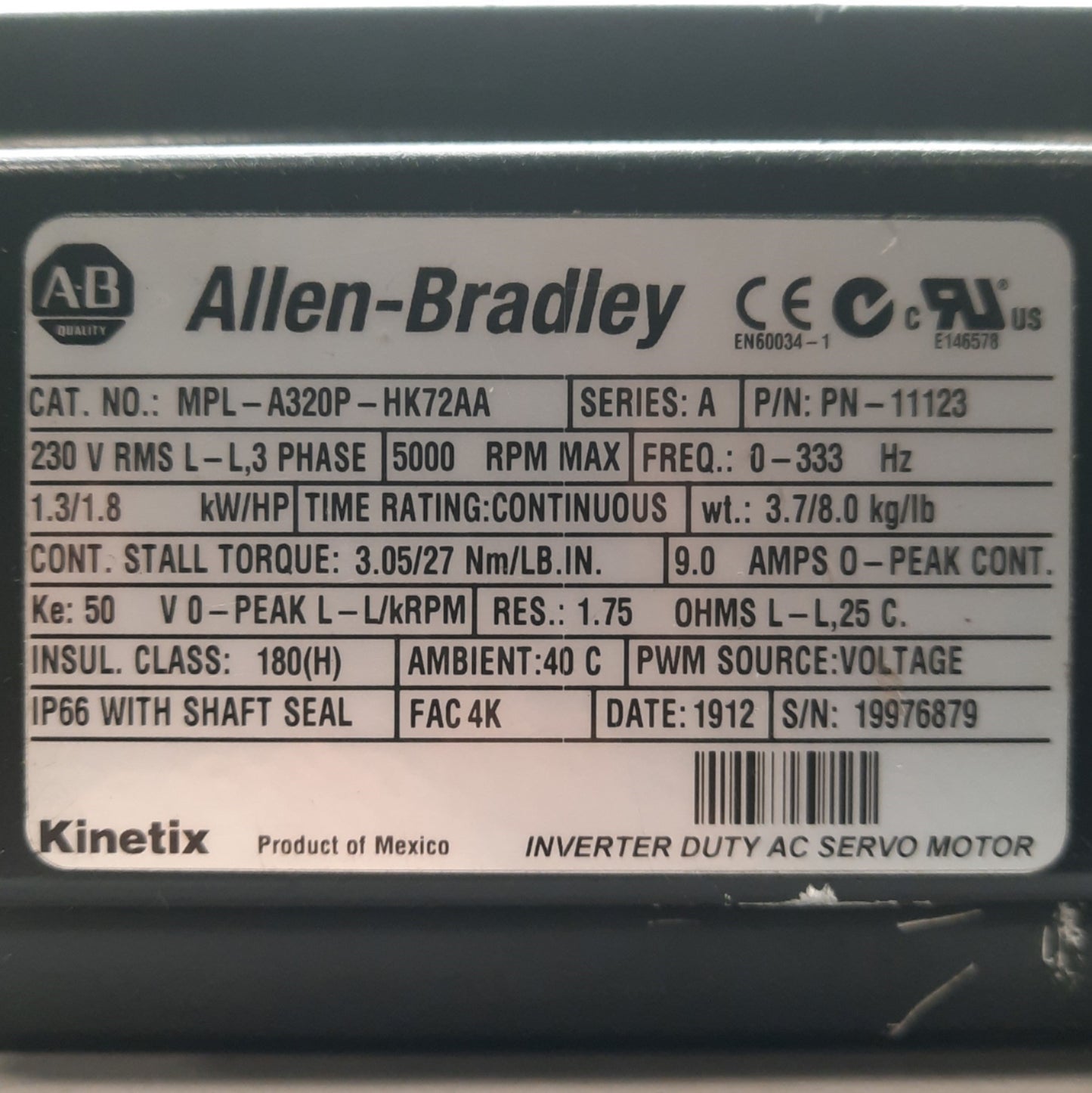 Used Allen Bradley MPL-A320P-HK72AA Bulletin Servo Motor 1.3kW 5000RPM 3PH 230VAC 9A