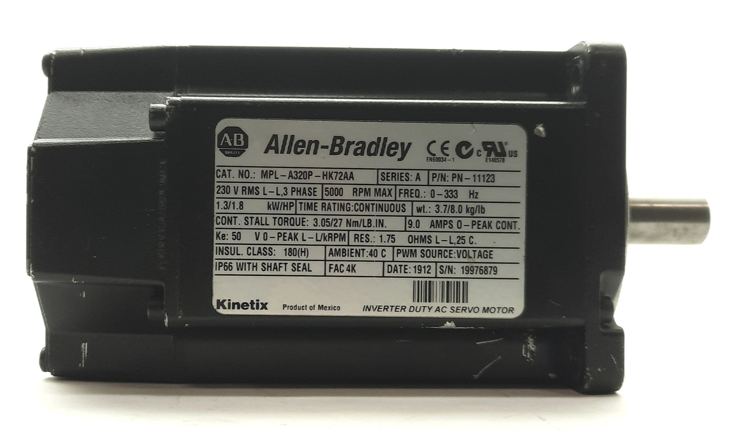 Used Allen Bradley MPL-A320P-HK72AA Bulletin Servo Motor 1.3kW 5000RPM 3PH 230VAC 9A