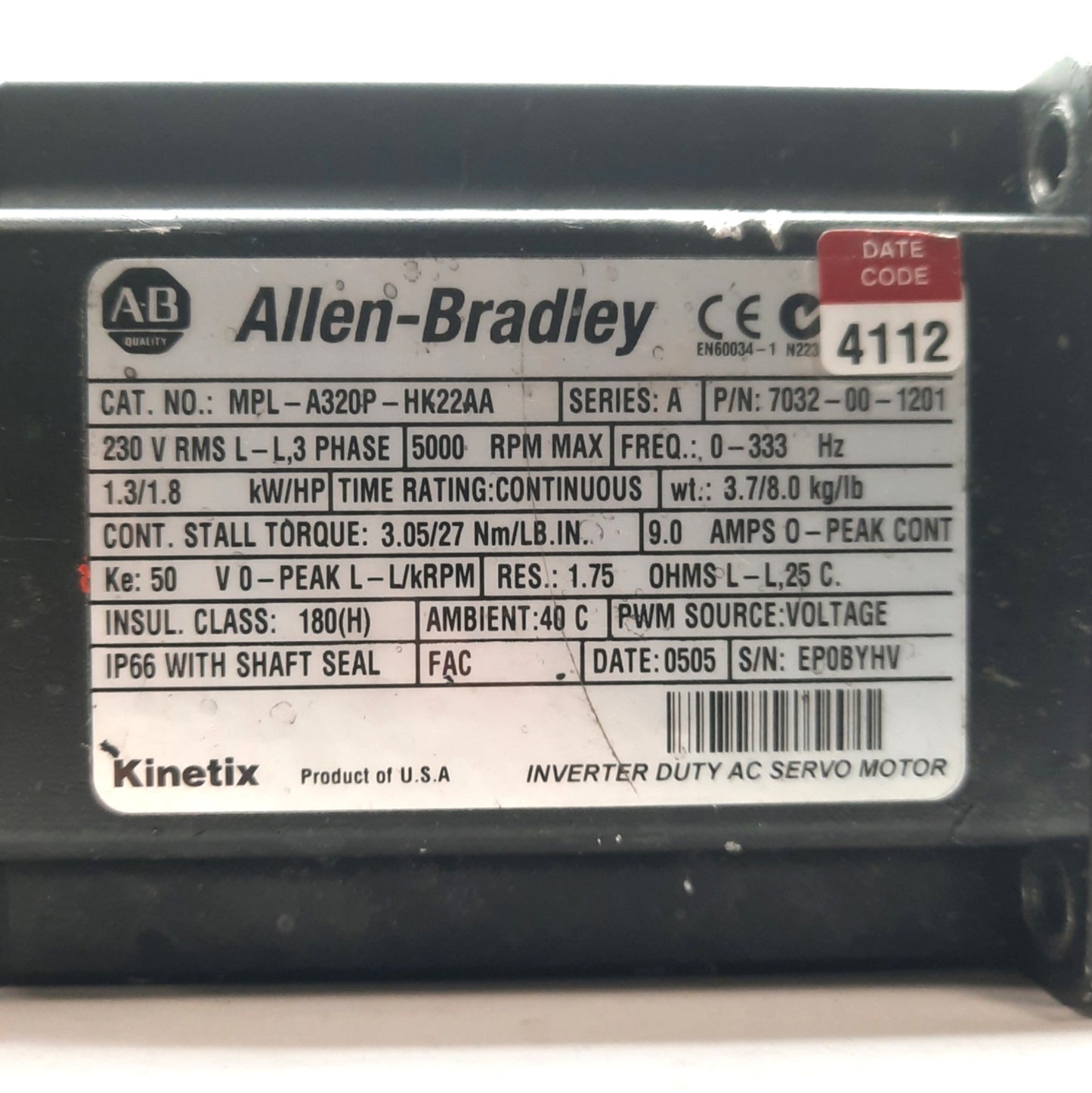 Used Allen Bradley MPL-A320P-HK22AA Kinetix Servo Motor 1.3kW 5000RPM 3PH 230VAC 9A