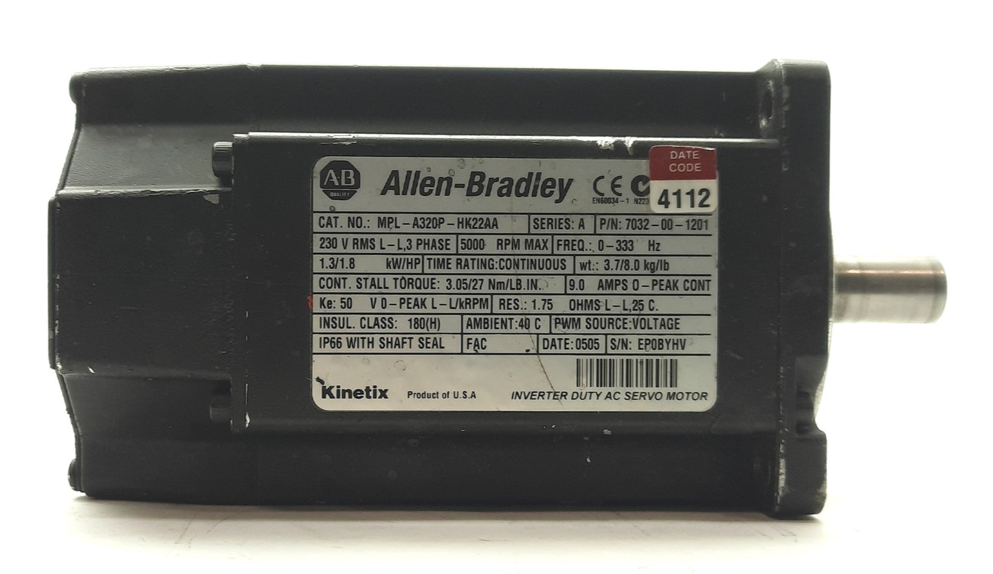 Used Allen Bradley MPL-A320P-HK22AA Kinetix Servo Motor 1.3kW 5000RPM 3PH 230VAC 9A