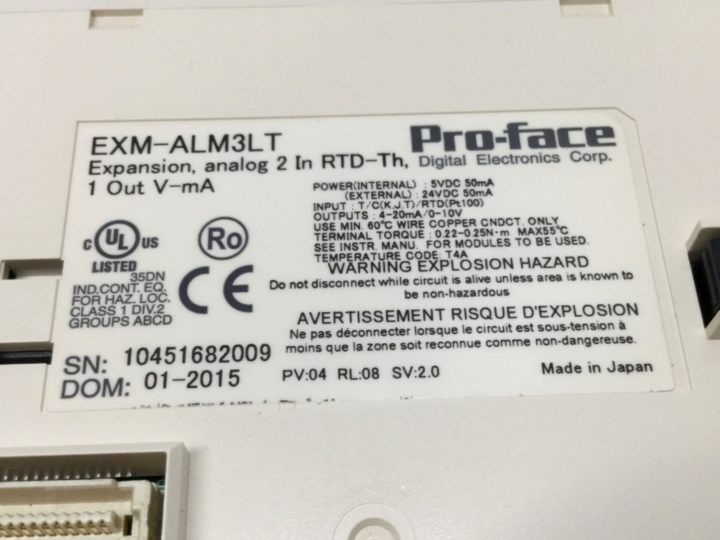 Used Pro-Face EXM-ALM3LT Analog I/O Expansion Module 2-Ch TC RTD PT100 In, 1-Ch Out