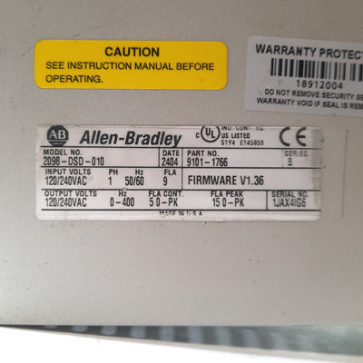 Used Allen Bradley 2098-DSD-010 Series B FW V1.36 Ultra 3000 Servo Drive, 120/240VAC