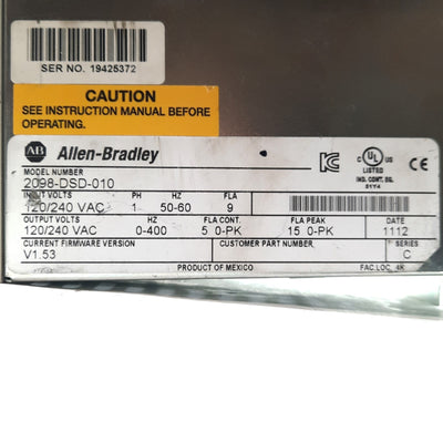 Used Allen Bradley 2098-DSD-010 Series C FW V1.53 Ultra 3000 Servo Drive, 120/240VAC