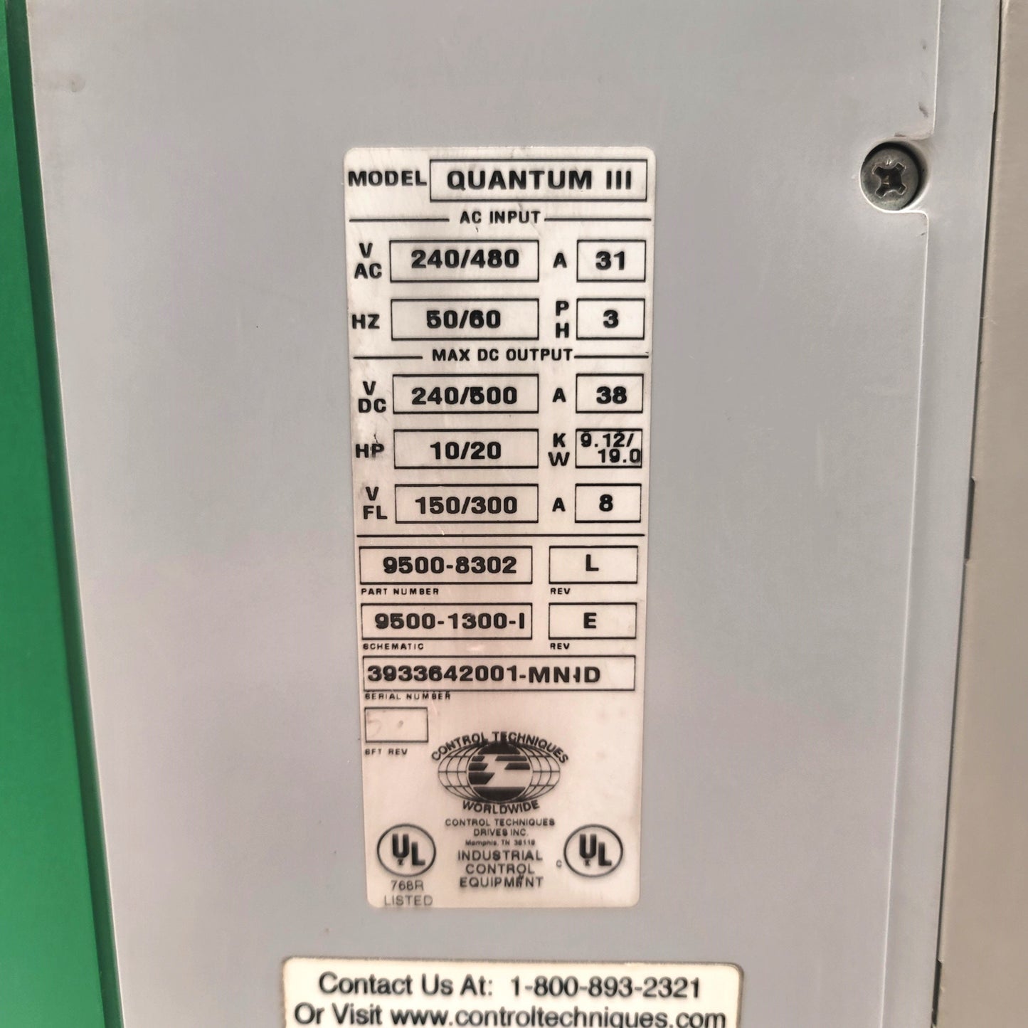 Used Control Techniques 9500-8302 Quantum III Digital DC Drive 240/500VDC, 10/20HP