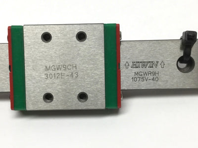 Used Hiwin MGW9CH (x2) Ball Bearing Carriage Block Slides on 170mm Linear Guide Rail