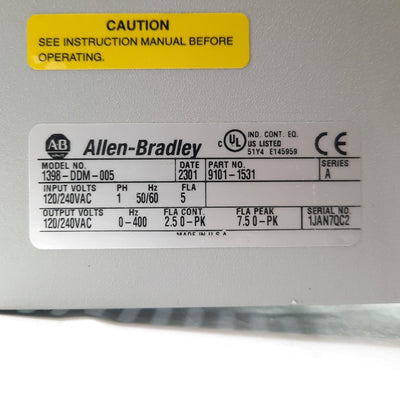 Used Allen Bradley 1398-DDM-005 Servo Drive, 120/240VAC 2.5/7.5A 400Hz Output, RS-232