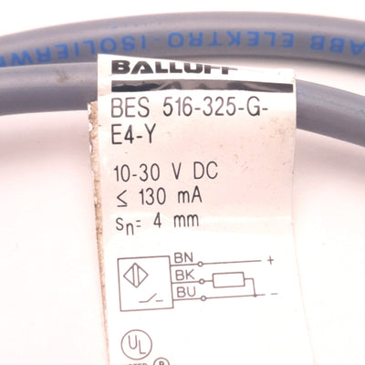 Used Balluff BES516-325-E4-C-03 Inductive Sensor 4mm Range PNP N.O., 10-30v DC 130mA