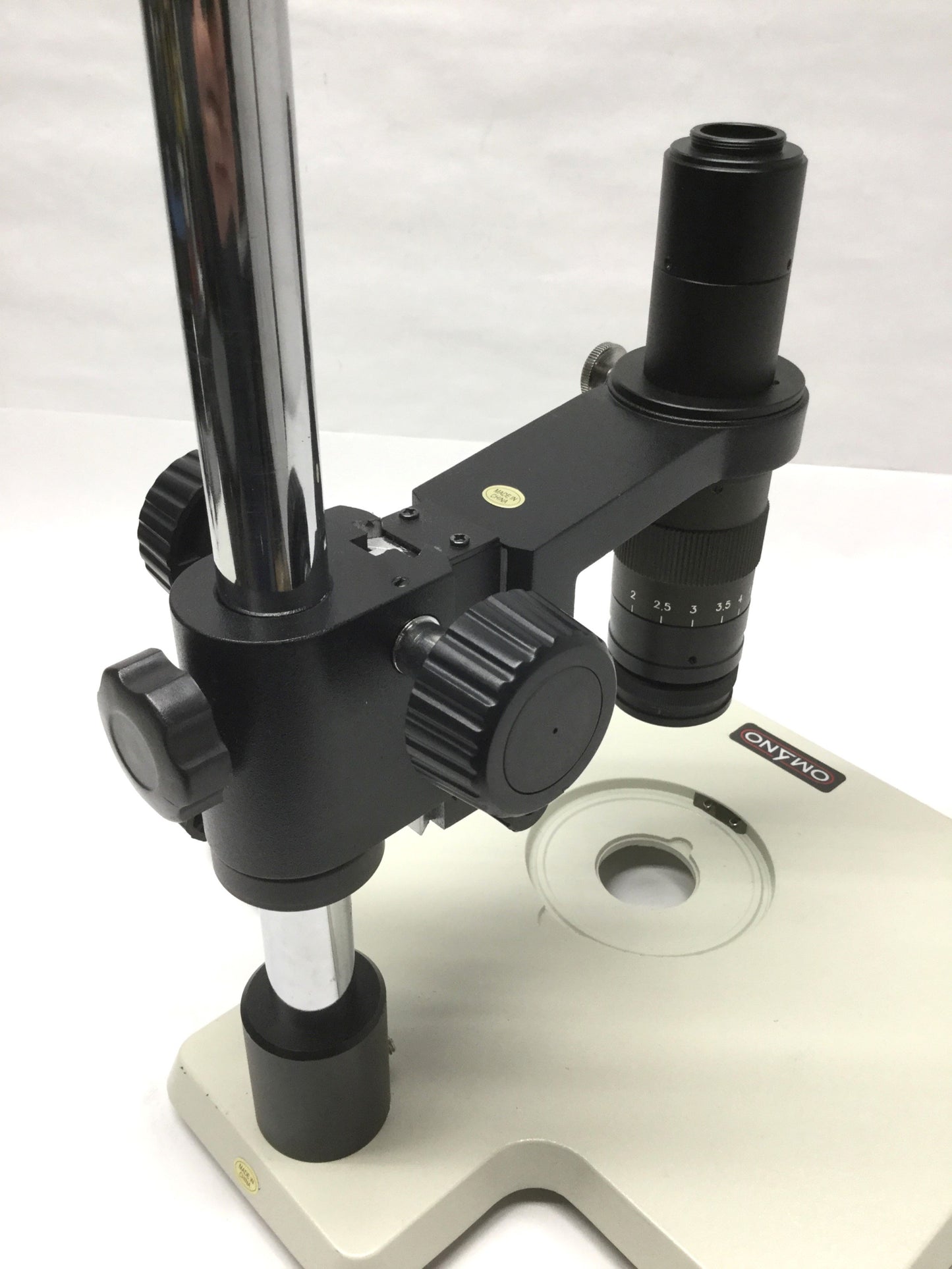 Used Omano OM10K Microscope/Camera Inspection Lens & Stand, 7-45X 4" WD, C-Mount