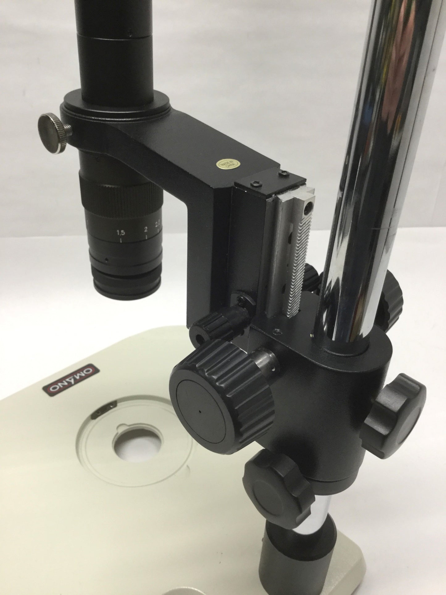 Used Omano OM10K Microscope/Camera Inspection Lens & Stand, 7-45X 4" WD, C-Mount