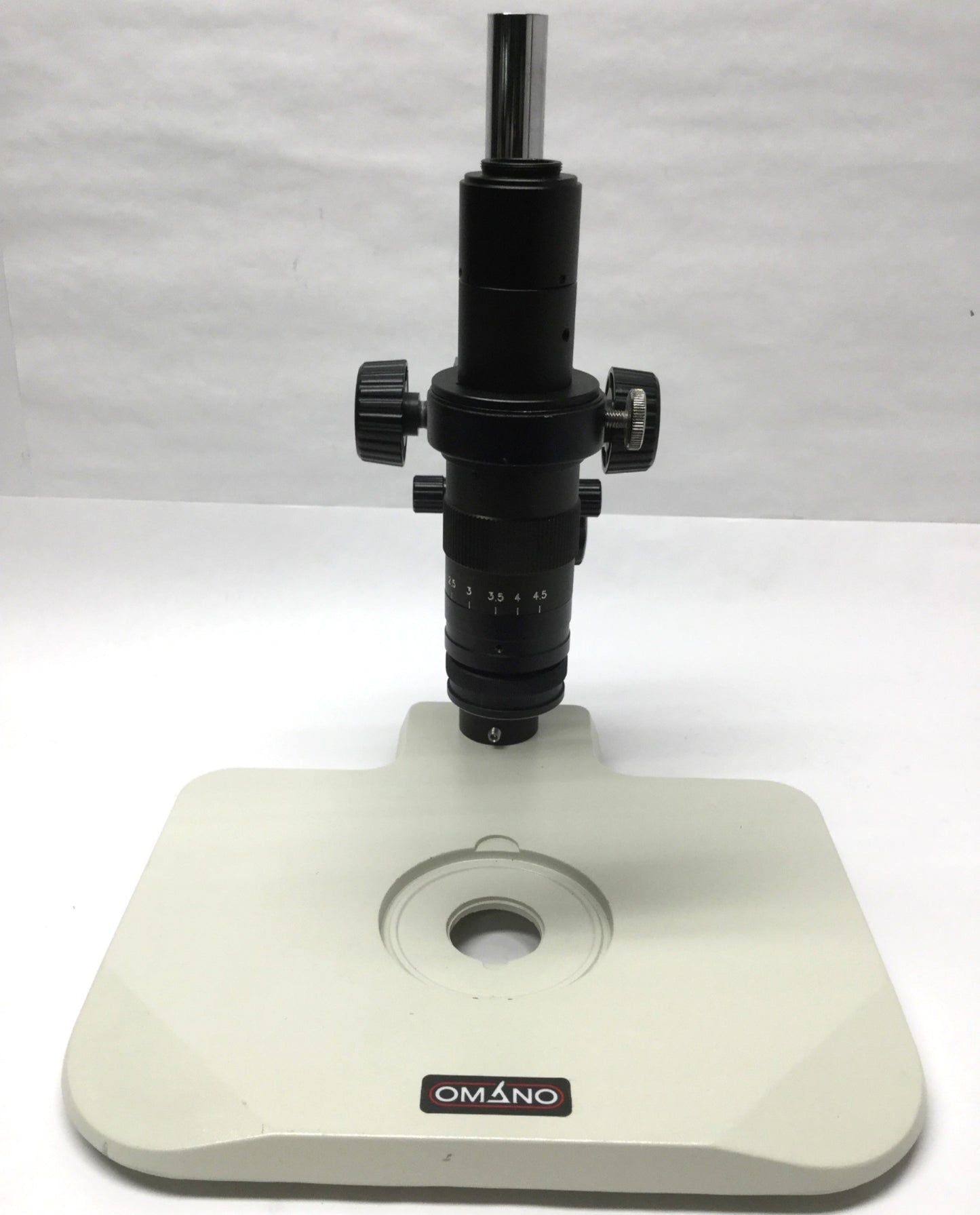 Used Omano OM10K Microscope/Camera Inspection Lens & Stand, 7-45X 4" WD, C-Mount