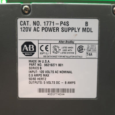 Used Allen Bradley 1771-P4S Power Supply Output: 5VDC 8A Input: 120VAC .9A 50/60Hz