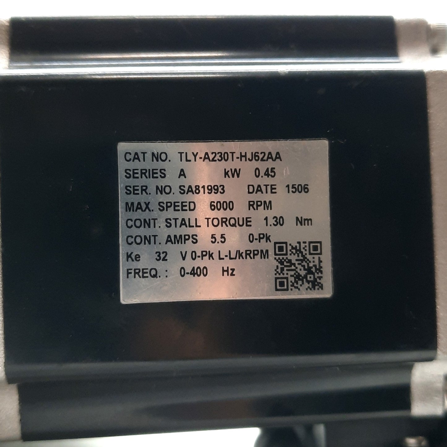 Used Allen Bradley TLY-A230T-HJ62AA Servo Motor .45kW 12mm Shaft 3PH 230V 5.5A