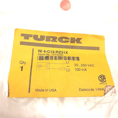 New Turck Ni4-G12-RZ31X Inductive Proximity Sensor, 4mm, 35-250VAC, M12, 2-Wire 2m