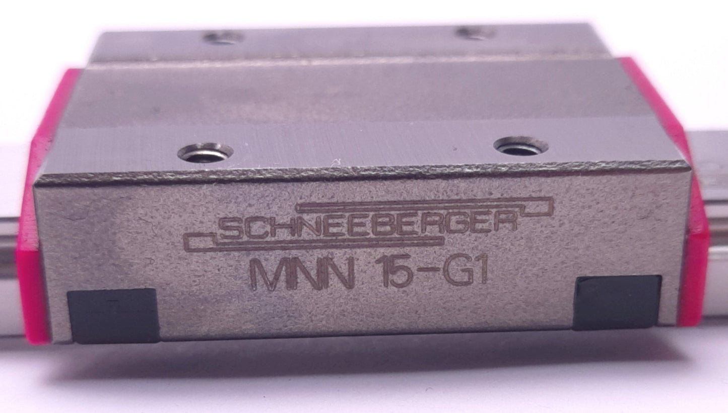 Used Schneeberger MNN 15-G1 Mini-Rail Linear Block with 9" Rail, 32x16mm, 5620N Max