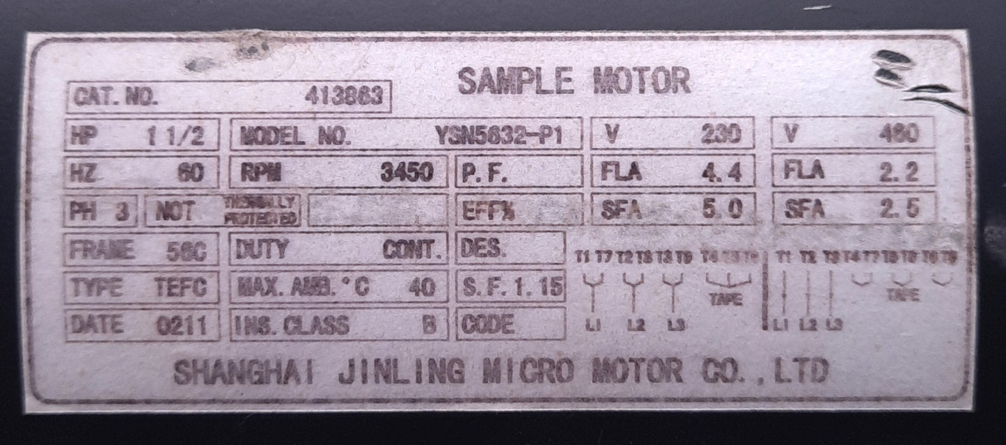 Used Sample Motor YSN5632-P1 Industrial AC Motor, 56C, 3450 RPM, 1-1/2 HP, Modified