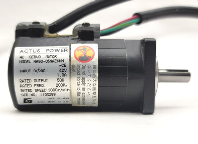 Used Actus Power Nikki Denso NA50-05NAZKNN AC Servo Motor 42VAC 3Ph, 3,000RPM, 50W