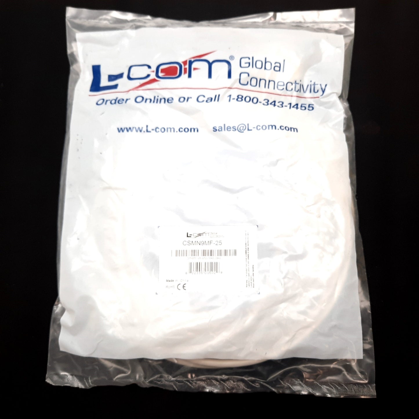 New L-Com CSMN9MF-25 D-Sub Cable, 9-Pin D-Sub Male to Female, Length: 25ft