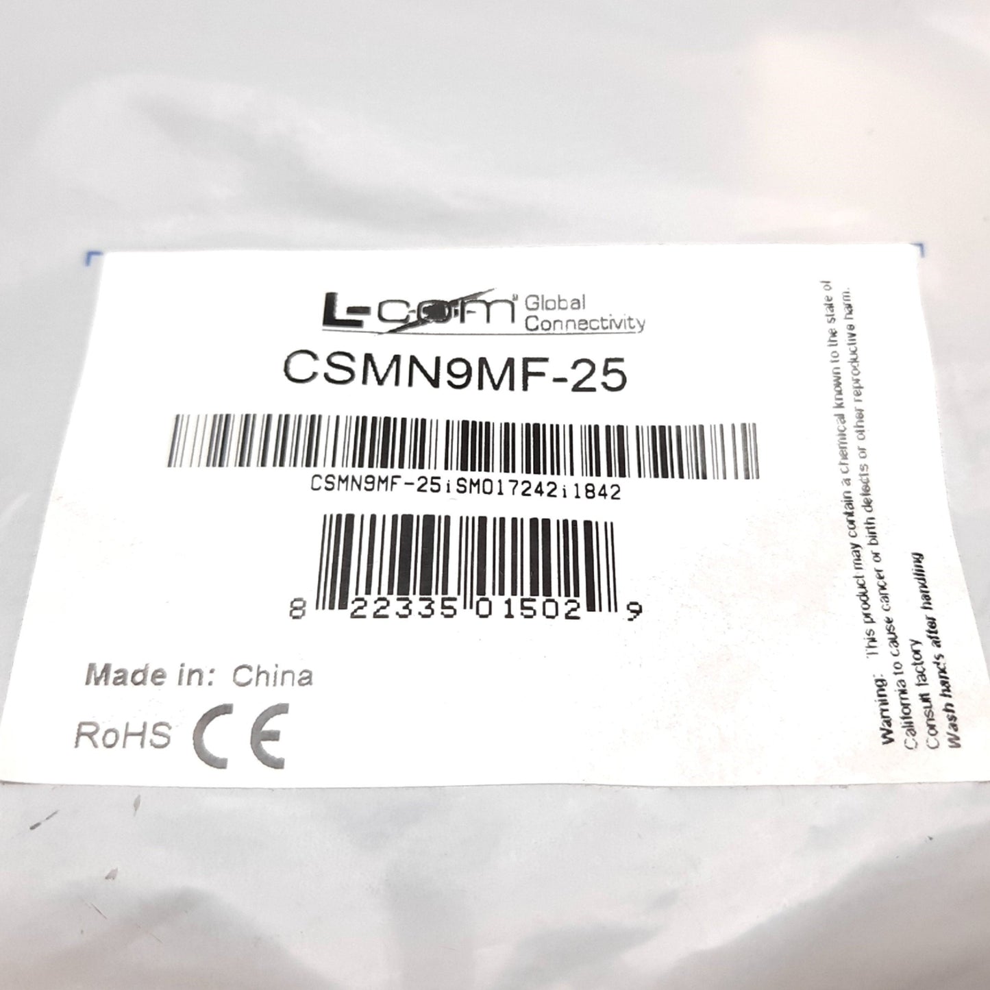 New L-Com CSMN9MF-25 D-Sub Cable, 9-Pin D-Sub Male to Female, Length: 25ft