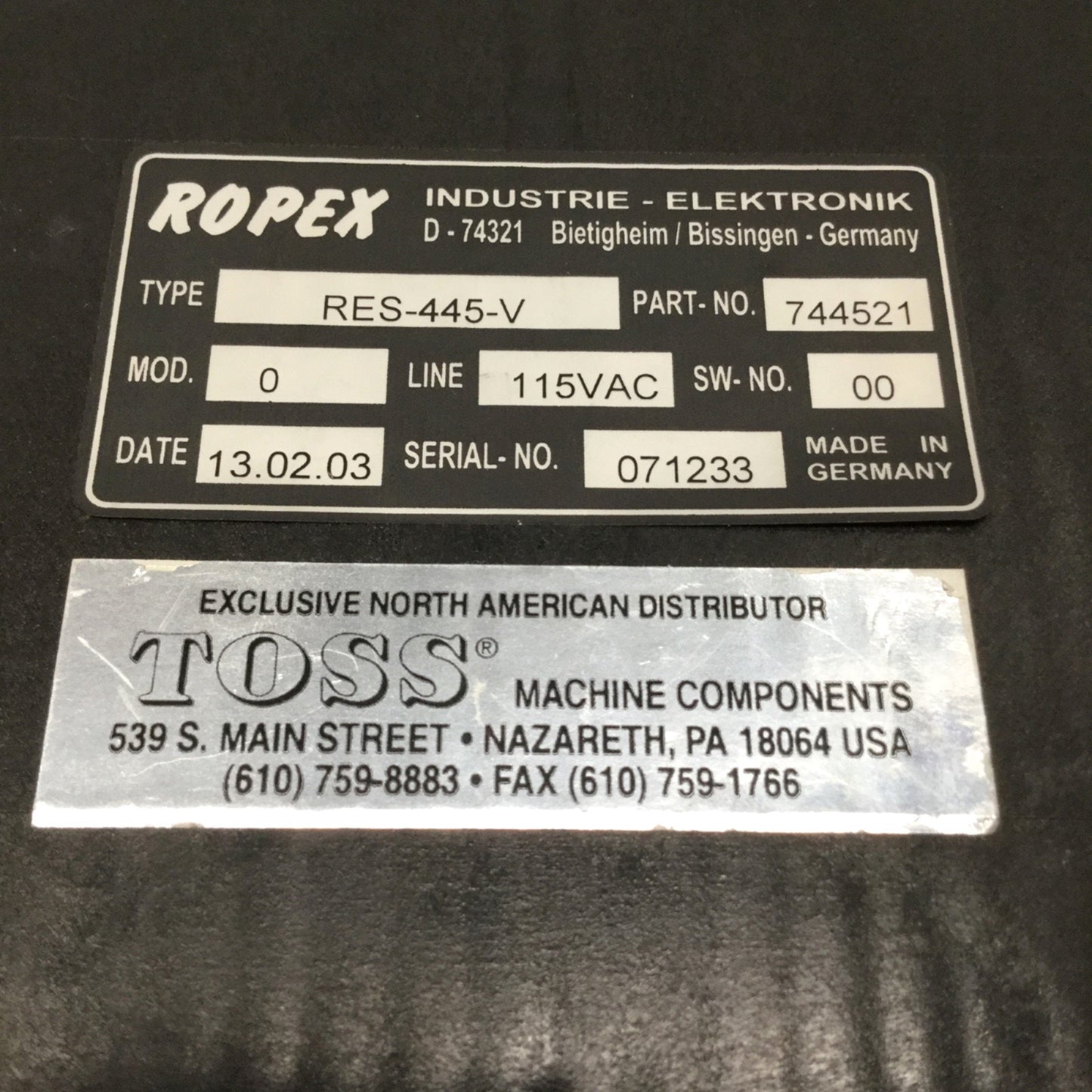 Used ROPEX RES-445-V Resistron Impulse Heat Sealing Band Controller, 0-500øC 115VAC