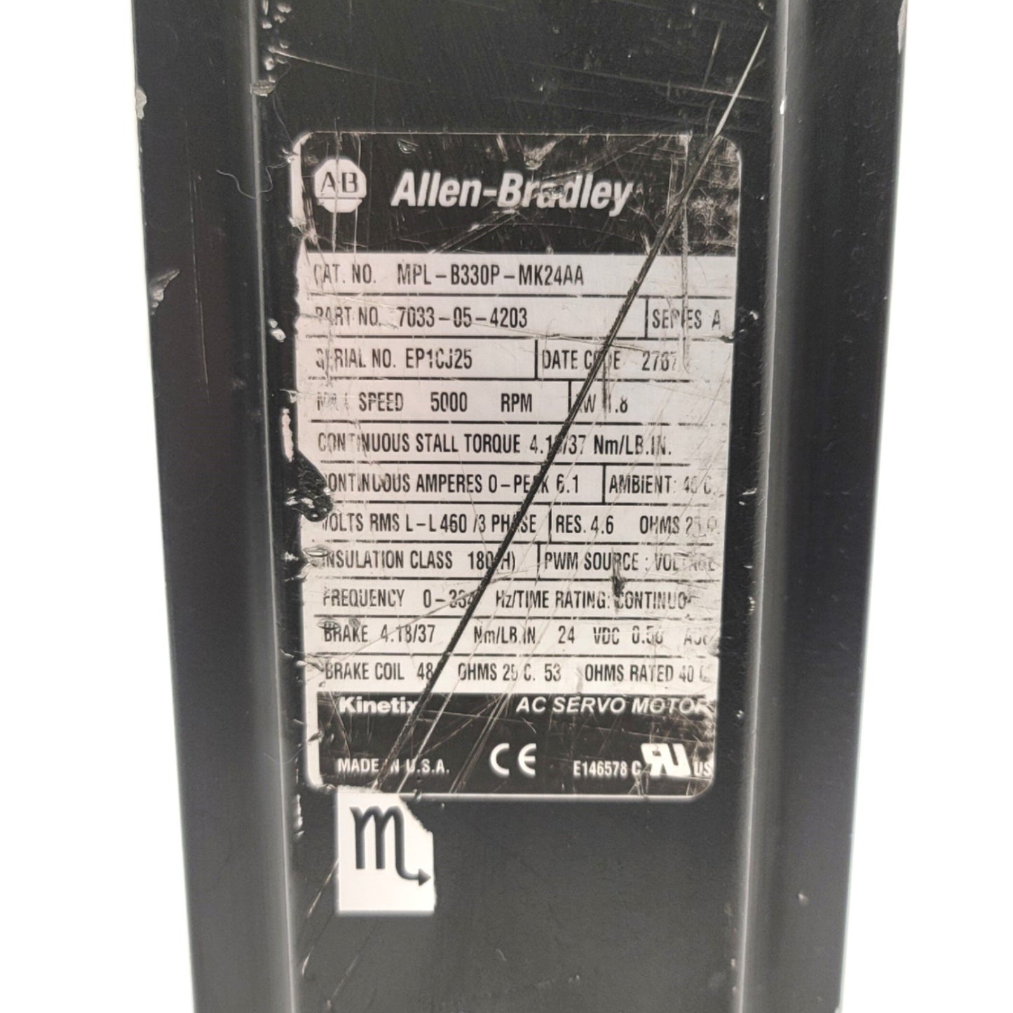 Used Allen Bradley MPL-B330P-MK24AA Servo Motor W/Brake 1.8kW, 100mm Frame, 460VAC