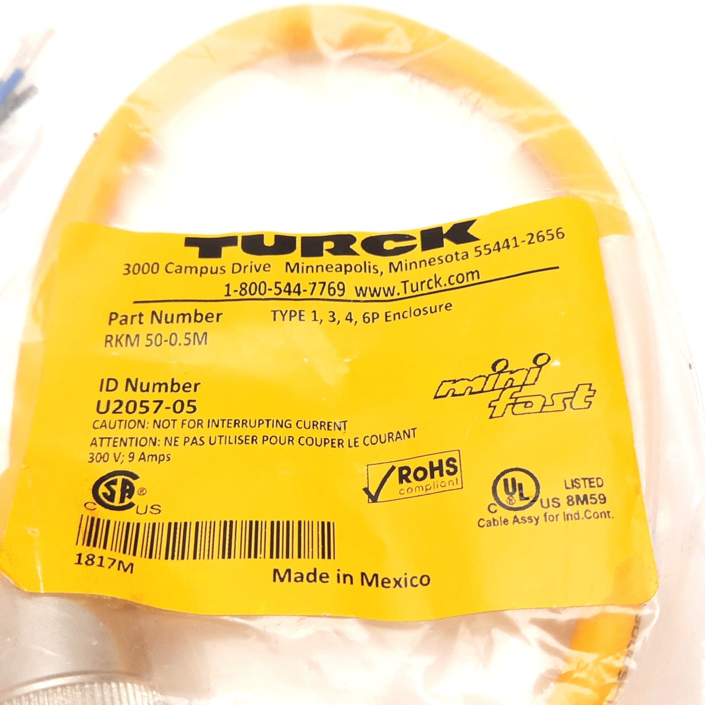 New Turck RKM 50-0.5M Cordset, 5-Pin 7/8" Minifast Female to Flying Leads, 0.5m Long