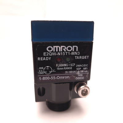 New Omron E2QW-N15T1-MN3 Proximity Sensor Shielded, 20-150VDC/VAC, 3 Pin Male, N.O