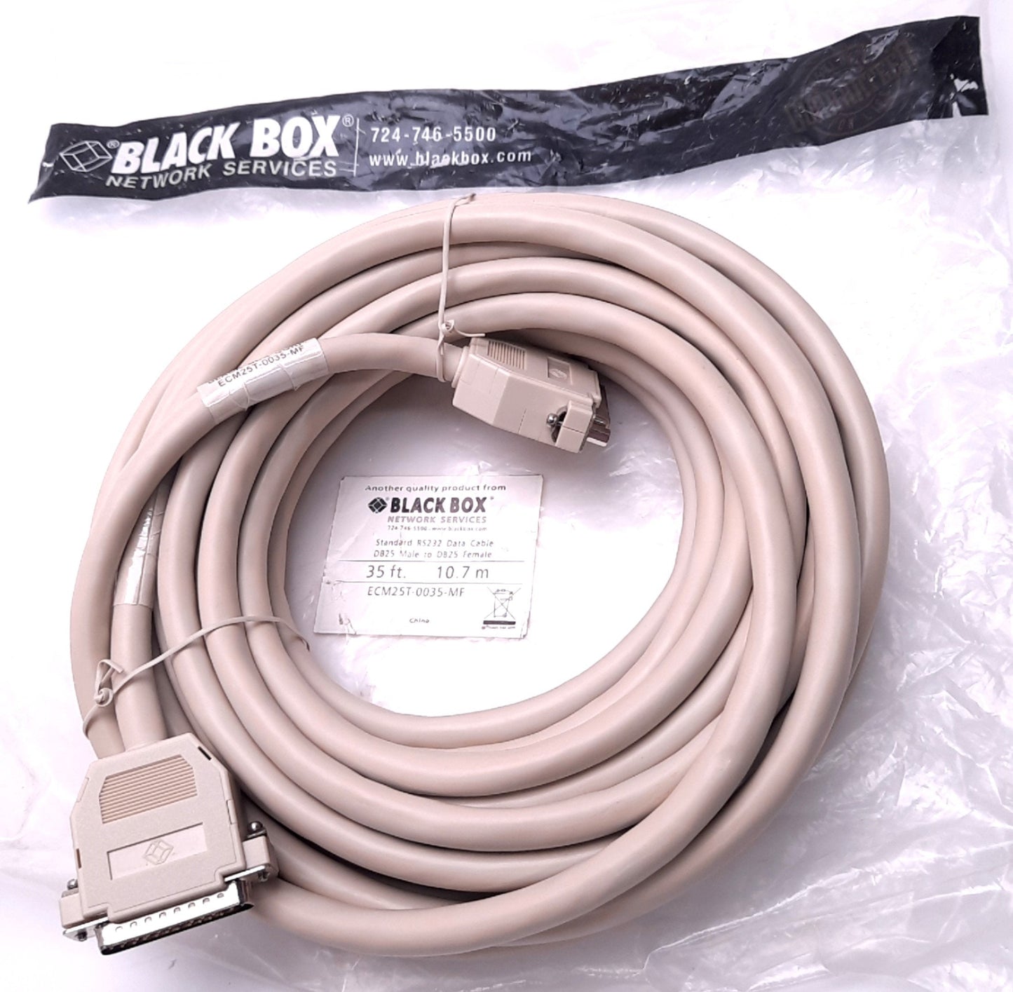 New Black Box ECM25T-0035-MF RS-232 ED/Q Cable DB-25 M/F, 35 Ft Length