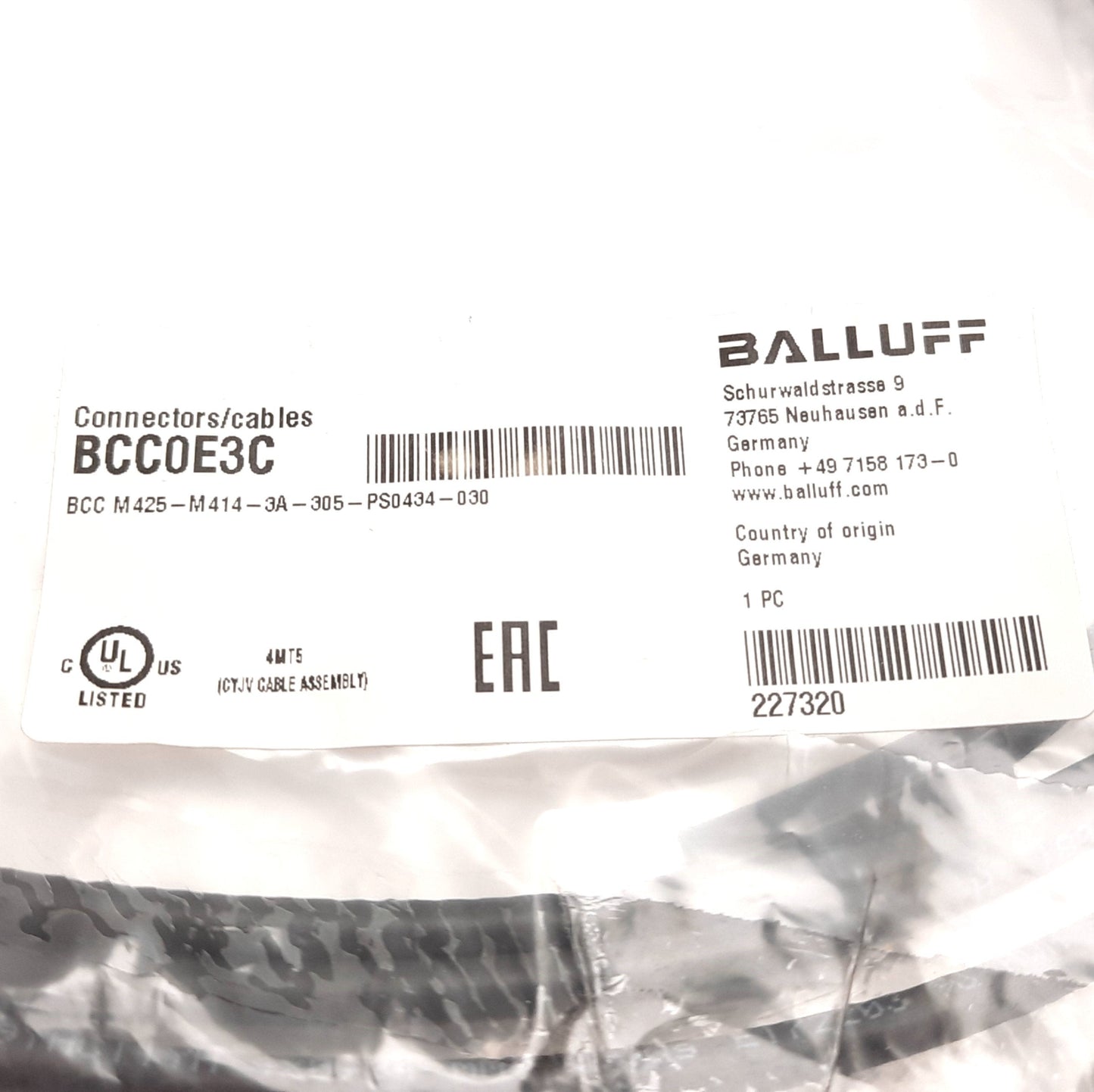 New Balluff BCC M425-M414-3A-305-PS0434-030 Cordset, 4-Pin M12 Male to 90ø Female 3m