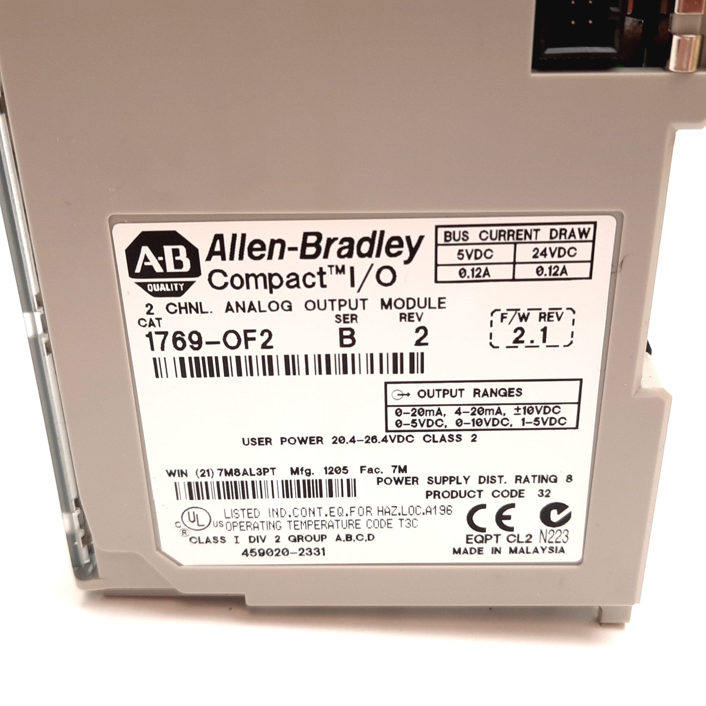 Used Allen Bradley 1769-OF2 Ser. B CompactLogix PLC Analog Output Module, 2-Channel