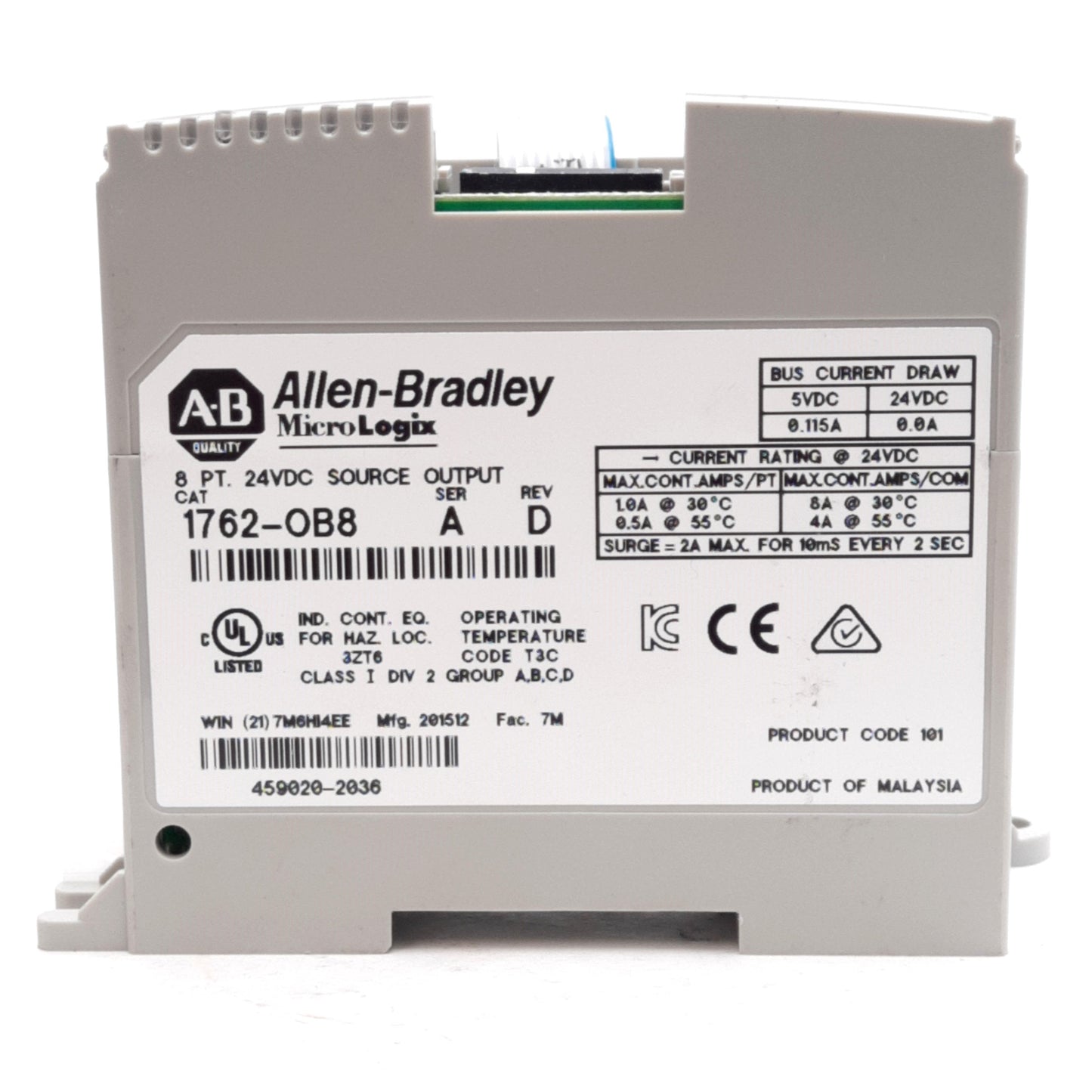 Used Allen Bradley 1762-OB8 MicroLogix Output Module, 8 Point, Voltage Rating: 24VDC