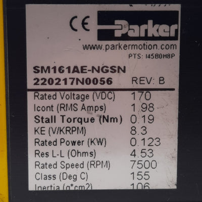 Used Parker SM161AE-NGSN Brushless Servo Motor NEMA 16, 170VAC 2.1A, 24oz-in, 7500RPM