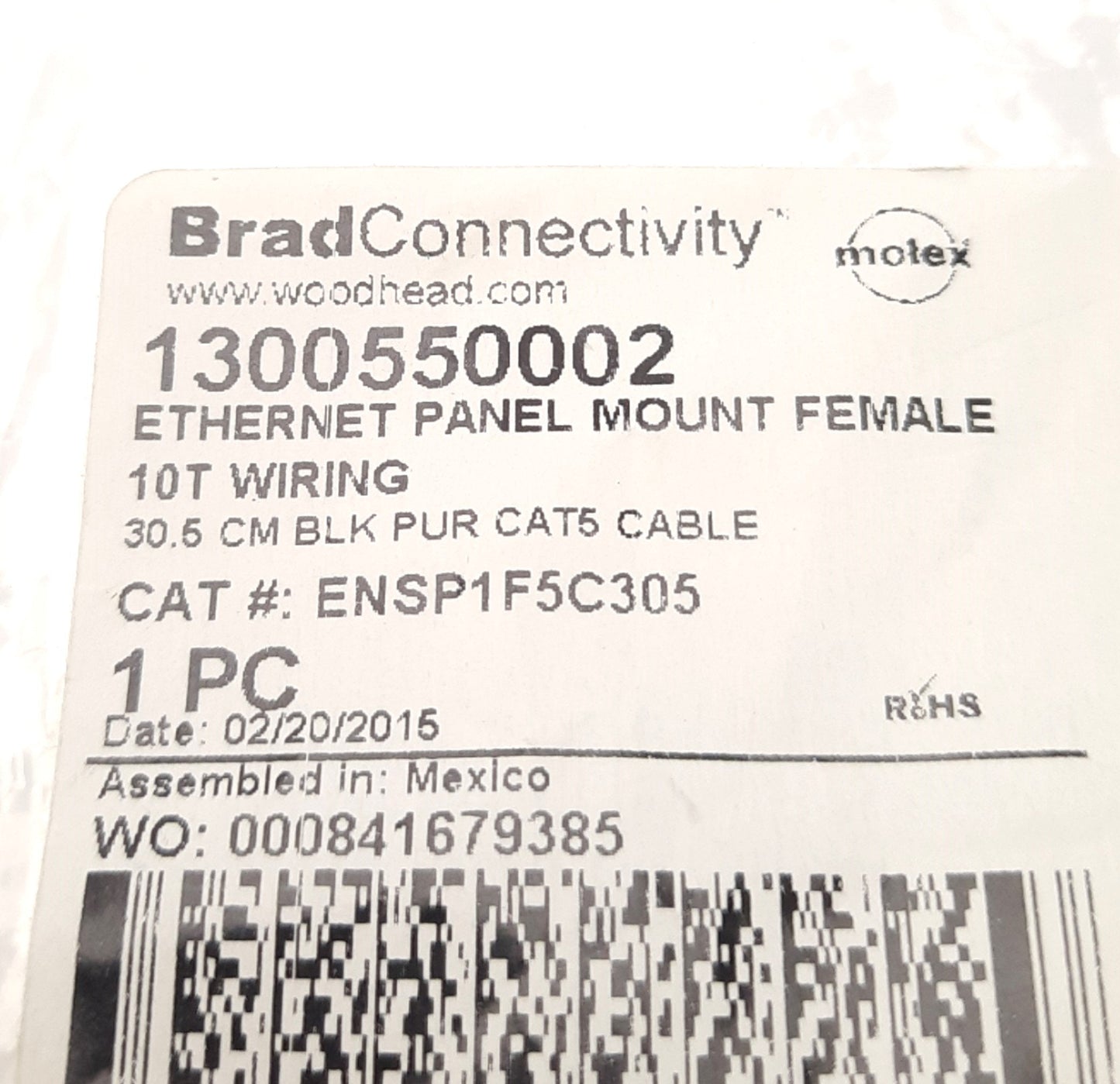 New Molex 1300550002 Brad Connectivity Panel Mount Ethernet Cable 10" Length, RJ45